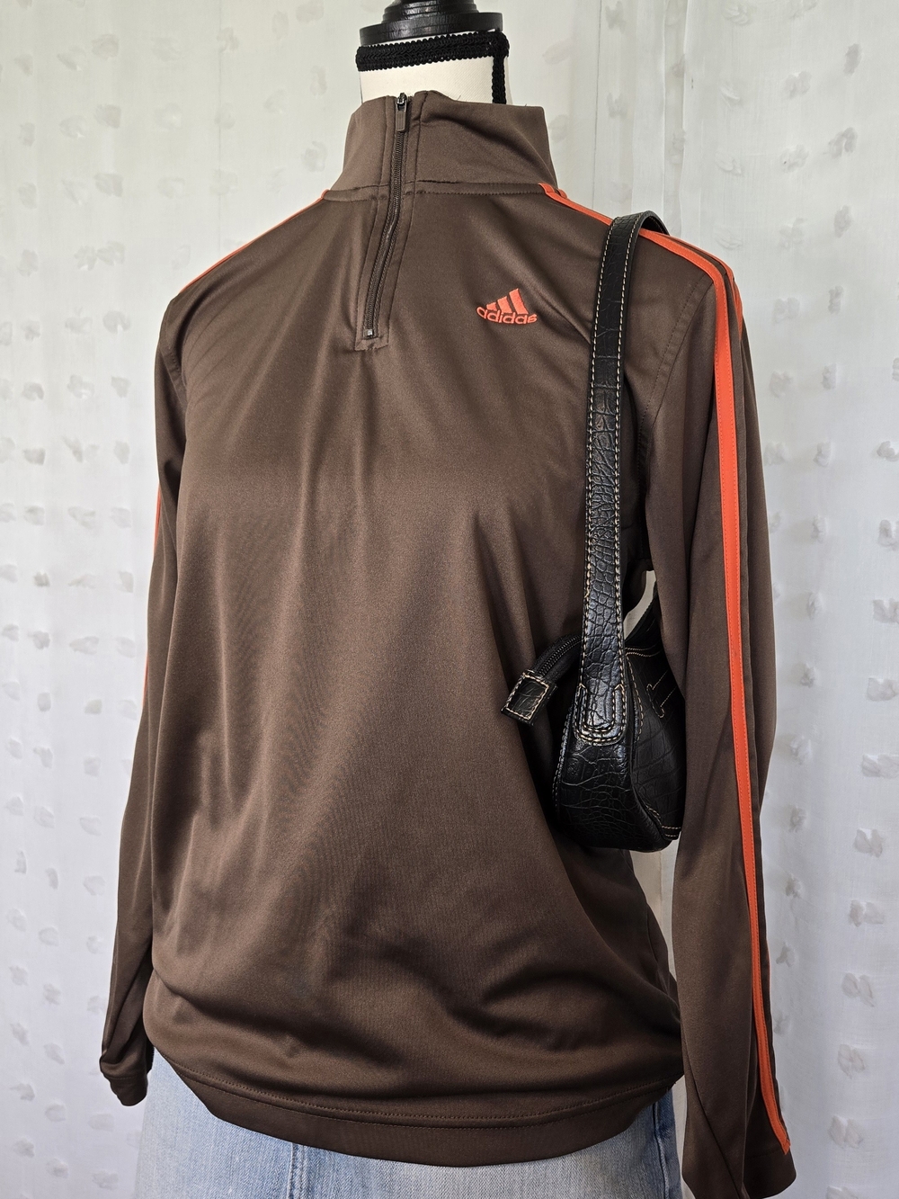 Adidas Boys Brown Quarter-Zip Track Jacket with Orange Stripes
